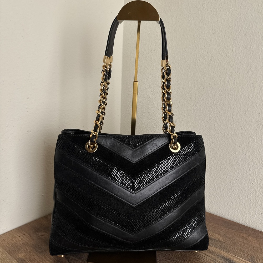 Michael‎ Kors Susannah Chevron Black Tote Bag Patchwork Snakeskin Embossed - Picture 2 of 16